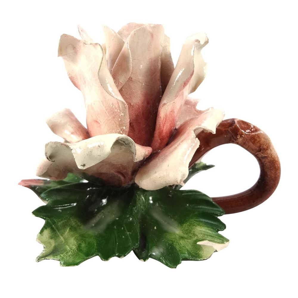 Nuova Capodimonte Porcelain Pink Rose Flower Candle Holder Hand Painted Italy
